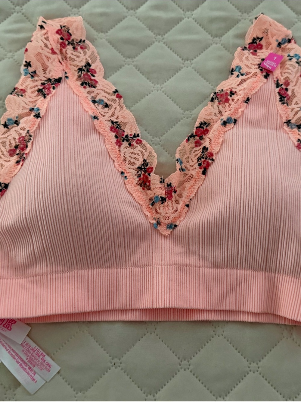 Victoria's Secret PINK Ribbed Lace-Trim Bralette with Floral Accents